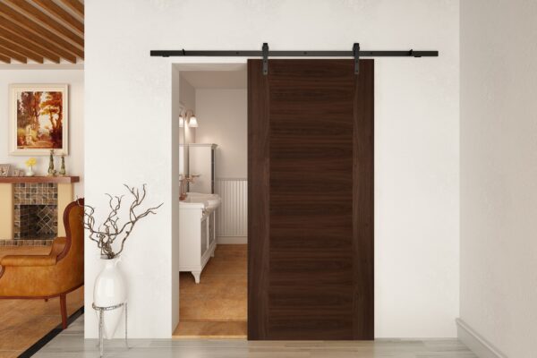 Face Mounted Straight Hanger Black Sliding Track & Door – Walnut Aspect
