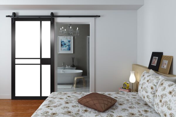 Face Mounted Arrowhead Hanger Black Sliding Track & Door – Black Industrial Naples – Primed
