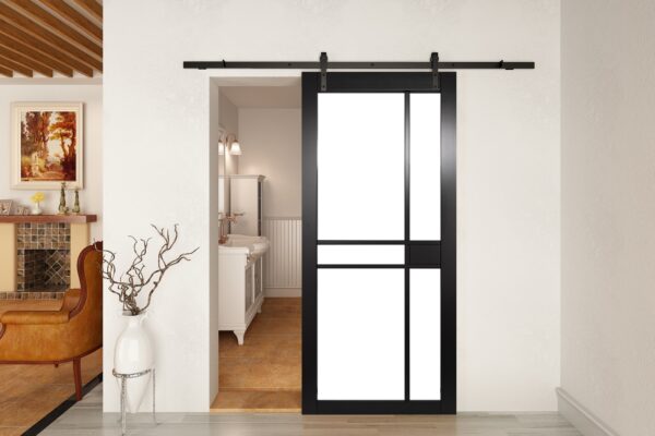 Face Mounted Straight Hanger Black Sliding Track & Door – Black Industrial Naples – Primed