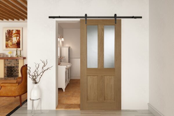 Face Mounted Straight Hanger Black Sliding Track & Door – Oak Oxford 2 Light