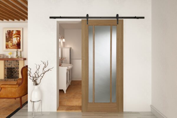 Face Mounted Straight Hanger Black Sliding Track & Door – Oak Salisbury 3 Light – Unfinished