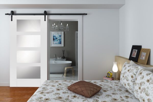 Face Mounted Arrowhead Hanger Black Sliding Track & Door – Shaker Contemporary 4 Light Glazed – White Primed