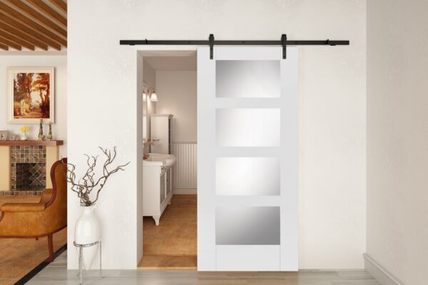 Face Mounted Straight Hanger Black Sliding Track & Door – Shaker Contemporary 4 Light Glazed – White Primed