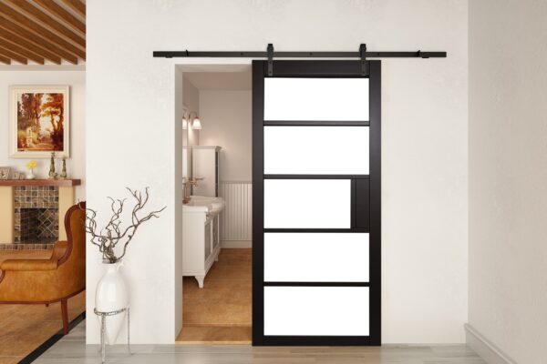 Face Mounted Straight Hanger Black Sliding Track & Door – Industrial Venice – 4 Light – Black Primed