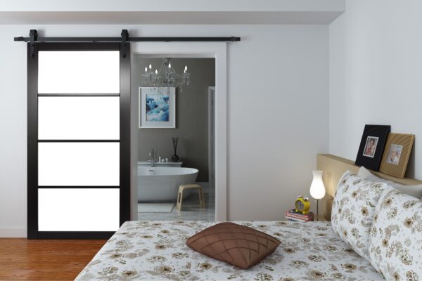 Face Mounted Arrowhead Hanger Black Sliding Track & Door – Industrial Rome – 4 Light – Black Primed
