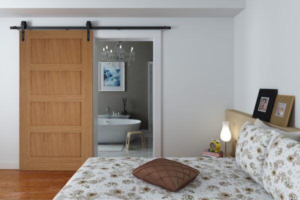 Face Mounted Arrowhead Hanger Black Sliding Track & Door – Oak Contemporary – 4 Panel – Unfinished