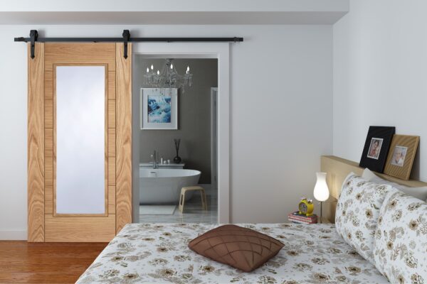 Face Mounted Arrowhead Hanger Black Sliding Track & Door – Oak Corsica 1 Light
