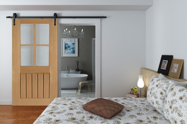 Face Mounted Arrowhead Hanger Black Sliding Track & Door – Oak Mexicano 4 Light