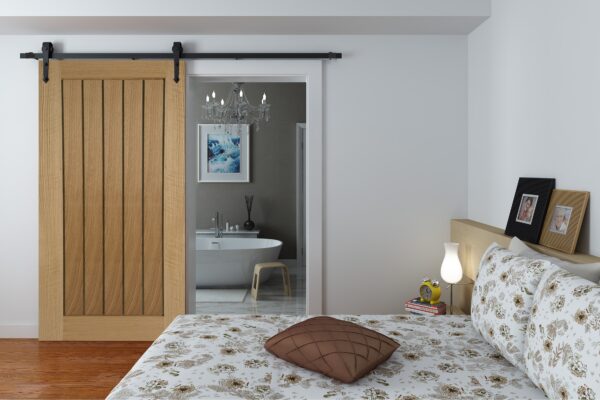Face Mounted Arrowhead Hanger Black Sliding Track & Door – Oak Mexicano – Pre-Finished