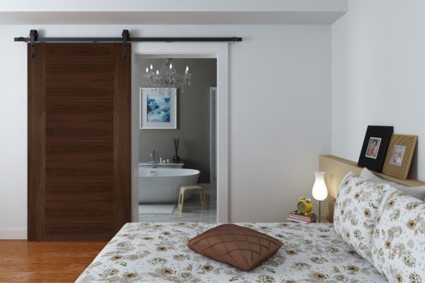 Face Mounted Arrowhead Hanger Black Sliding Track & Door – Walnut Aspect
